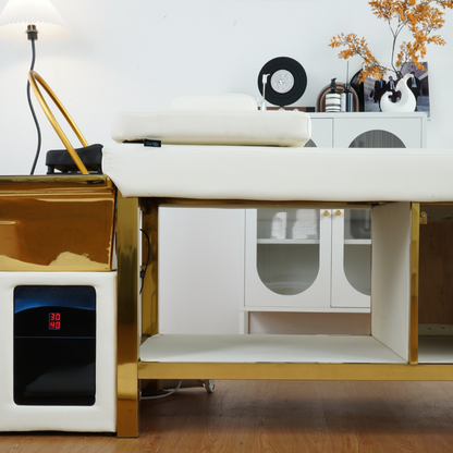 BeautéSync® Head Spa Shampoo Bed storage compartment detail view – close-up of built-in drawer for tools and salon accessories