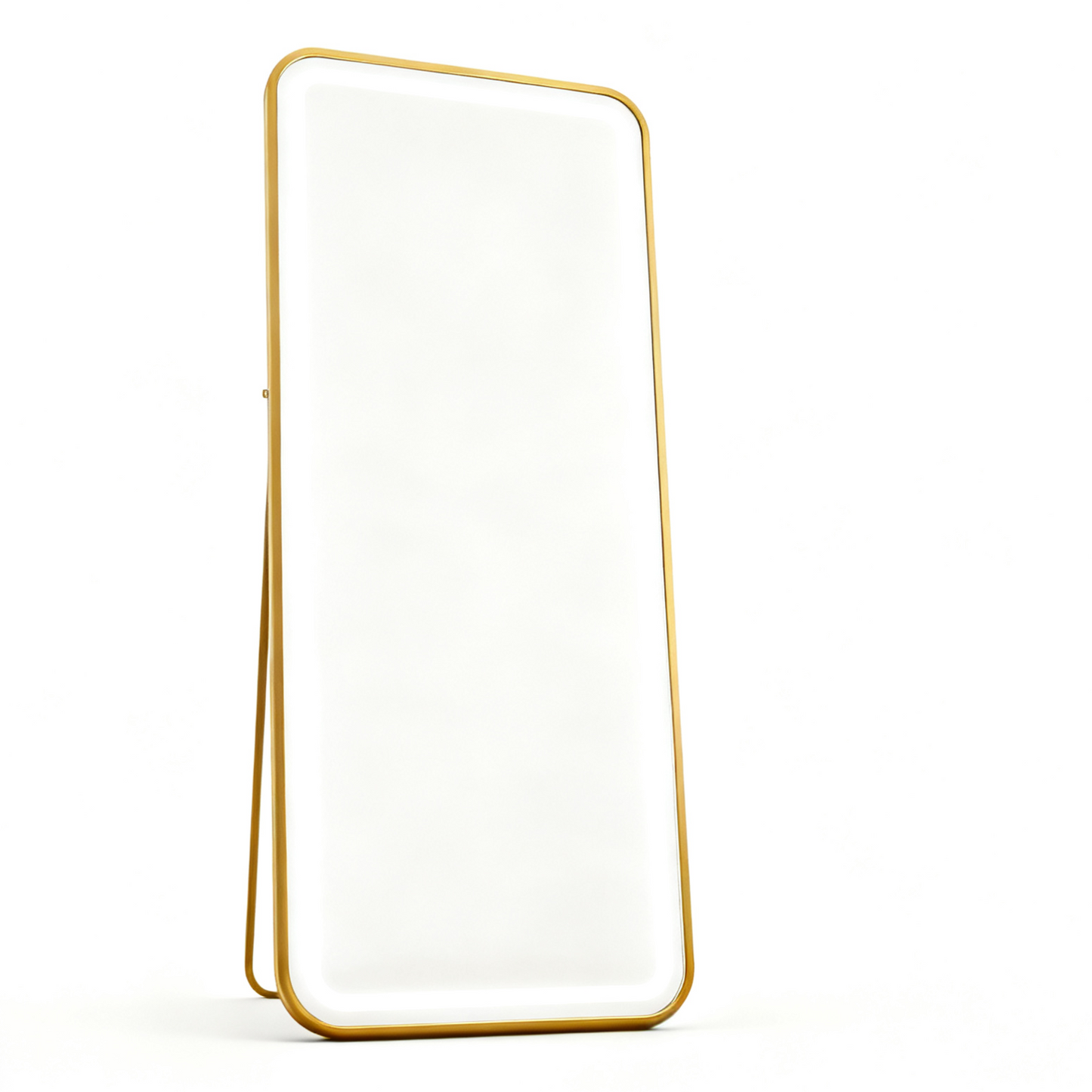 BeautéSync® Freestanding Rectangle Front-Lit LED Salon Mirror with gold aluminum frame, luxury salon LED mirror for beauty and styling
