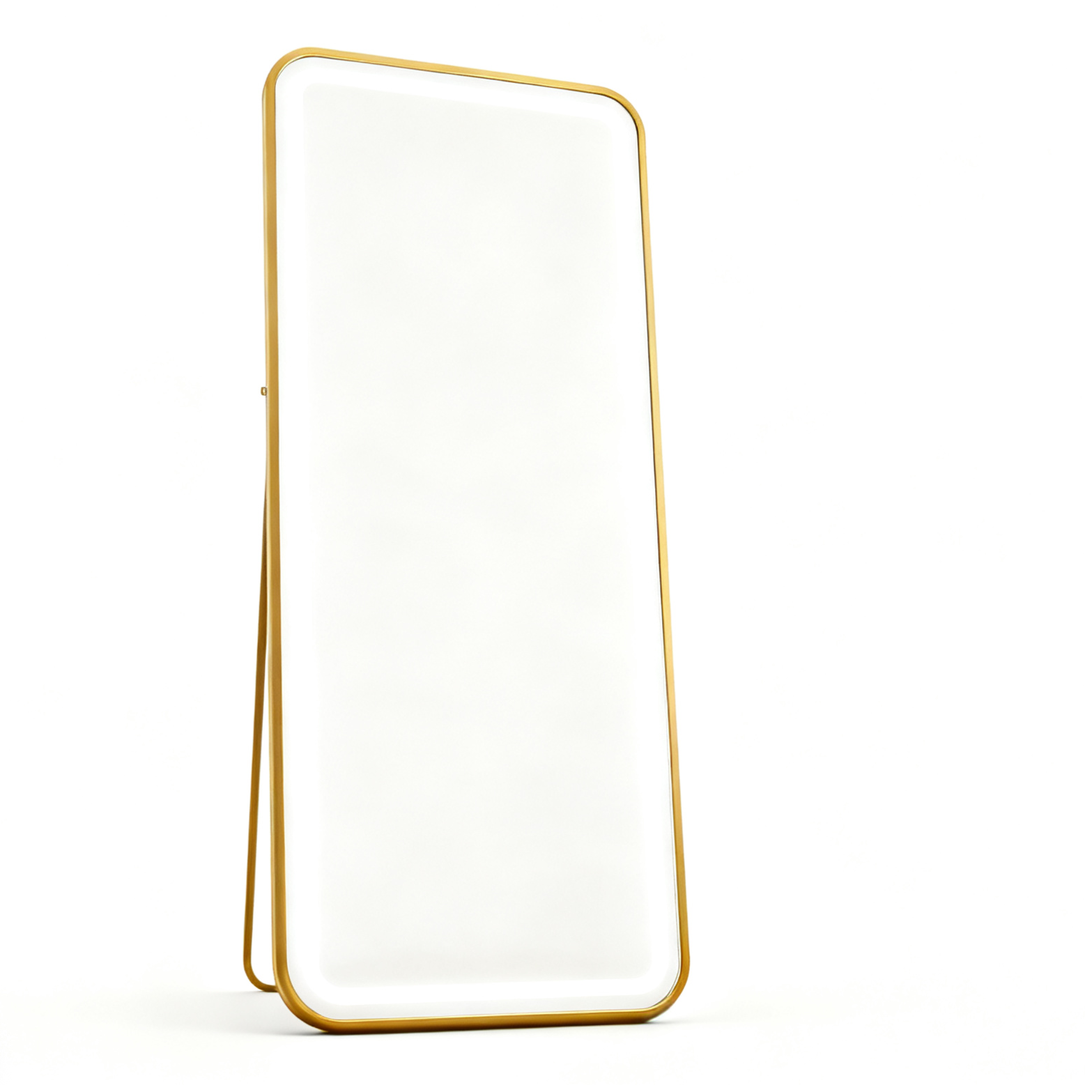 BeautéSync® Freestanding Rectangle Front-Lit LED Salon Mirror with gold aluminum frame, luxury salon LED mirror for beauty and styling
