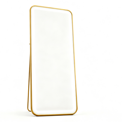 BeautéSync® Freestanding Rectangle Front-Lit LED Salon Mirror with gold aluminum frame, luxury salon LED mirror for beauty and styling
