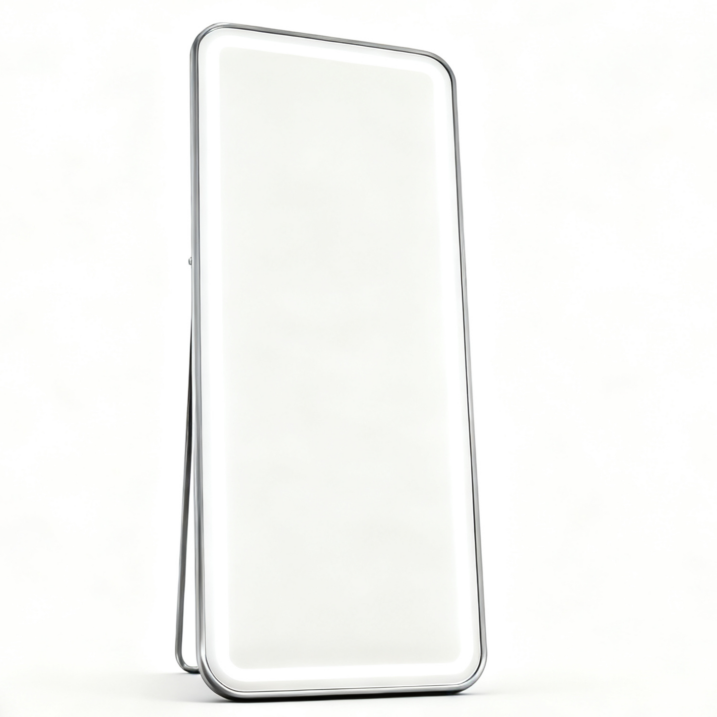 BeautéSync® Freestanding Rectangle Front-Lit LED Salon Mirror with silver aluminum frame, modern LED salon mirror
