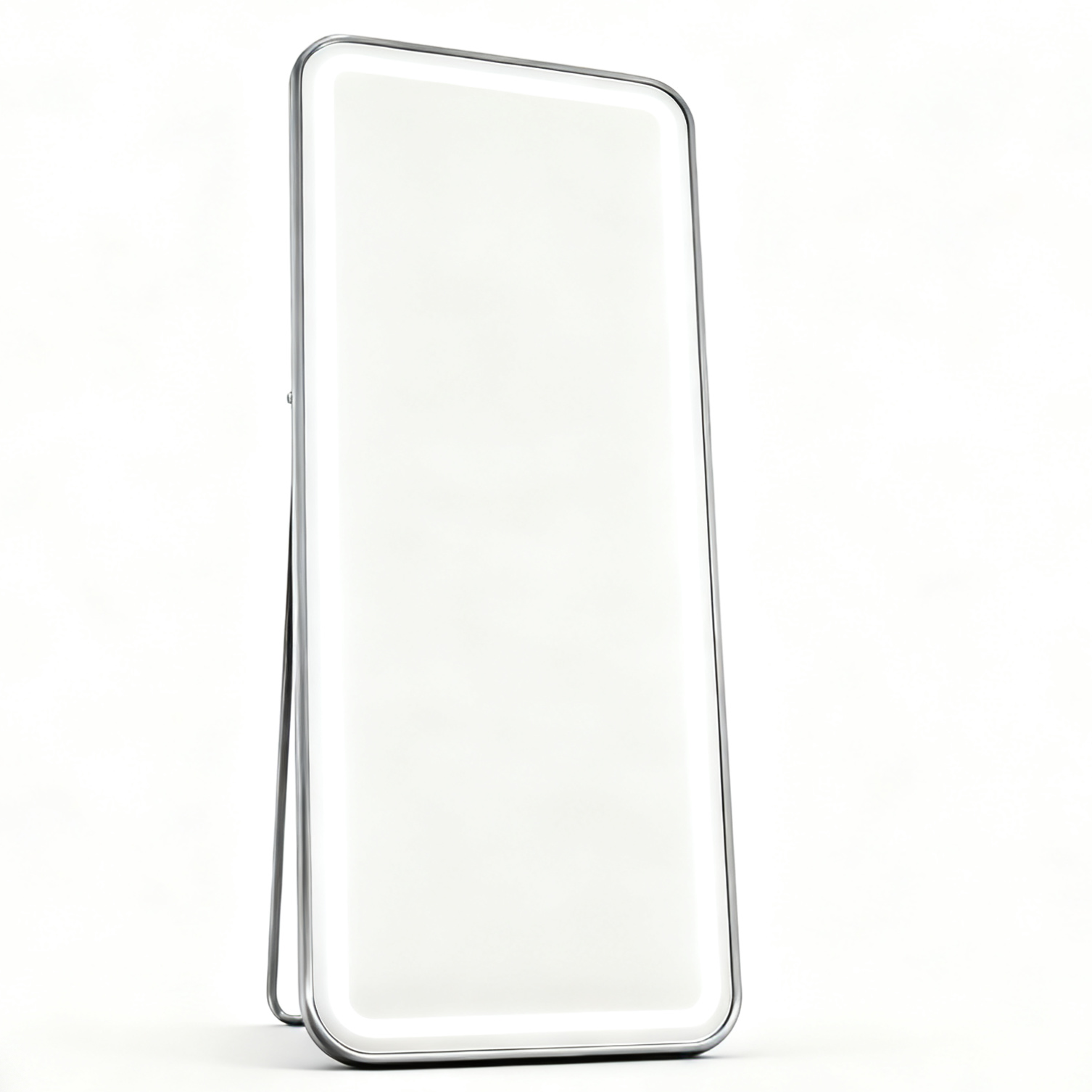 BeautéSync® Freestanding Rectangle Front-Lit LED Salon Mirror with silver aluminum frame, modern LED salon mirror
