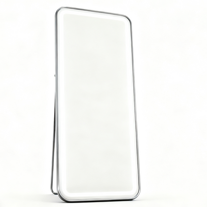 BeautéSync® Freestanding Rectangle Front-Lit LED Salon Mirror with silver aluminum frame, modern LED salon mirror
