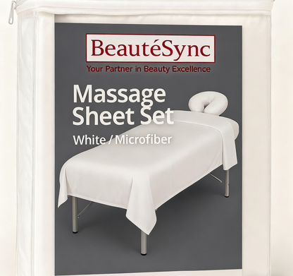 BeautéSync® Microfiber Massage Sheet Set – White / Beige / Gray