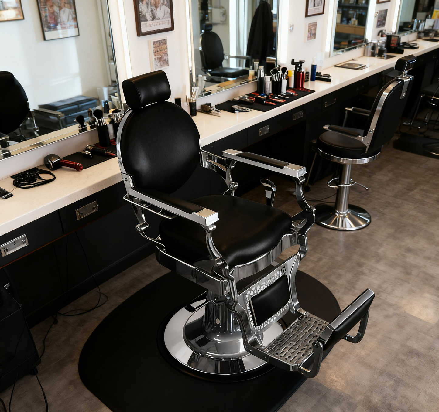 BeautéSync® Deluxe Hydraulic Barber Chair – Silver Chrome Frame & Black PVC Leather, Vintage Button Backrest