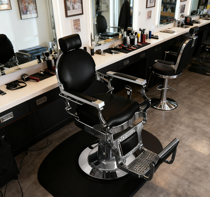 BeautéSync® Deluxe Hydraulic Barber Chair – Silver Chrome Frame & Black PVC Leather, Vintage Button Backrest
