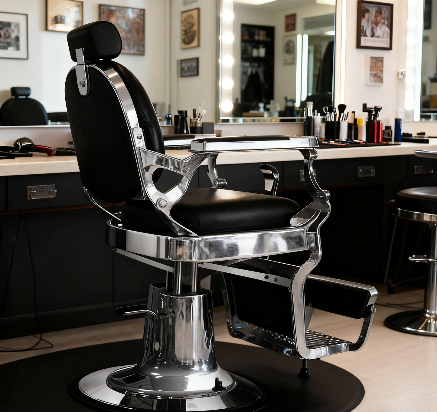 BeautéSync® Deluxe Hydraulic Barber Chair – Silver Chrome Frame & Black PVC Leather, Vintage Button Backrest