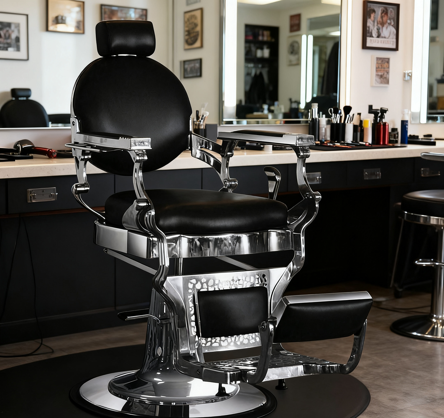BeautéSync® Deluxe Hydraulic Barber Chair – Silver Chrome Frame & Black PVC Leather, Vintage Button Backrest