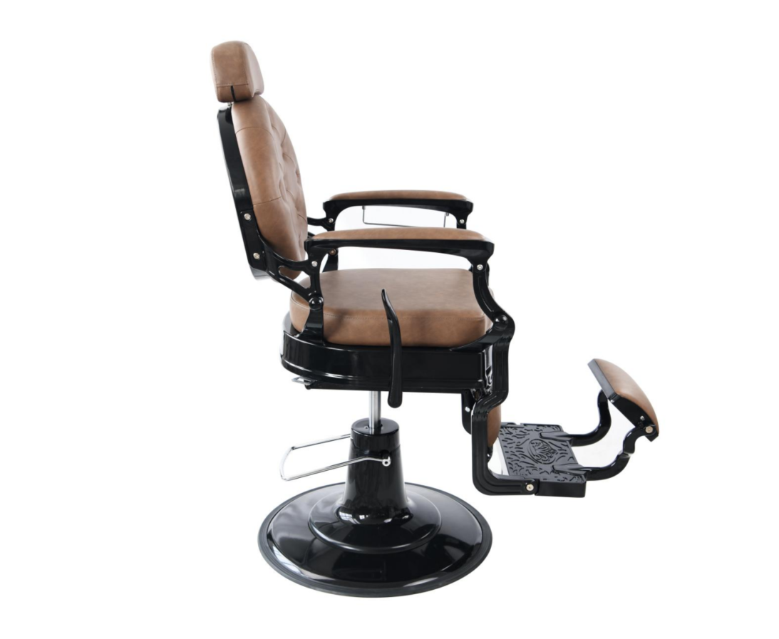 Barber chair with high-density foam, hydraulic pump, and steel frame. Side view.