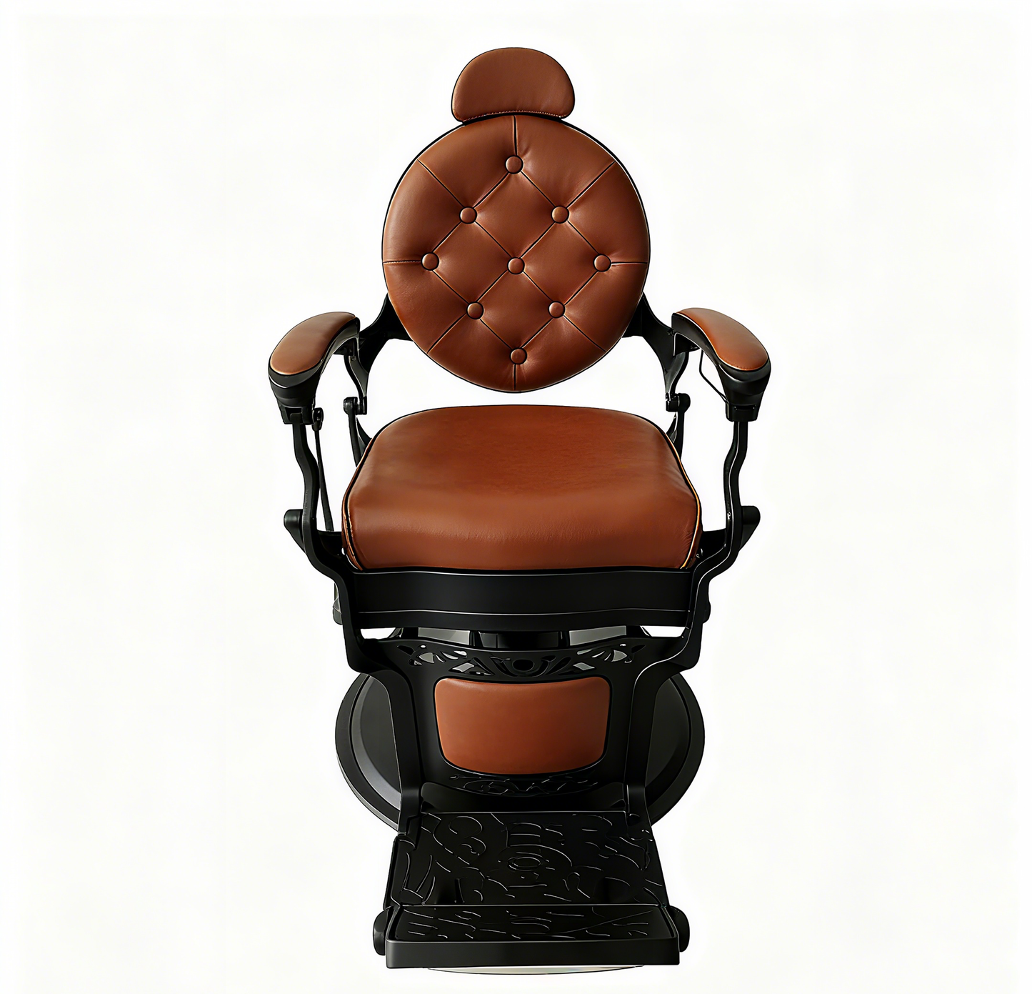 BeautéSync® Deluxe Hydraulic Barber Chair – Black Chrome Frame with Brown PVC Leather, Vintage Button-Tufted Backrest