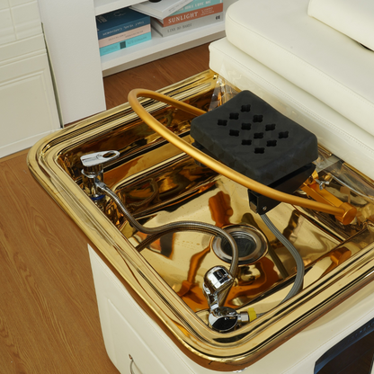 BeautéSync® Gold Ceramic Basin Head Spa Shampoo Bed basin detail view – close-up of gold ceramic wash basin with faucet and drainage system