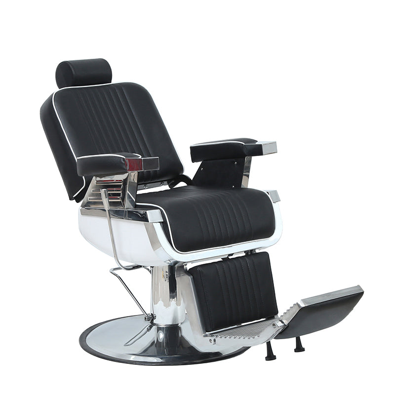 black and white barber chair slightly reclined right