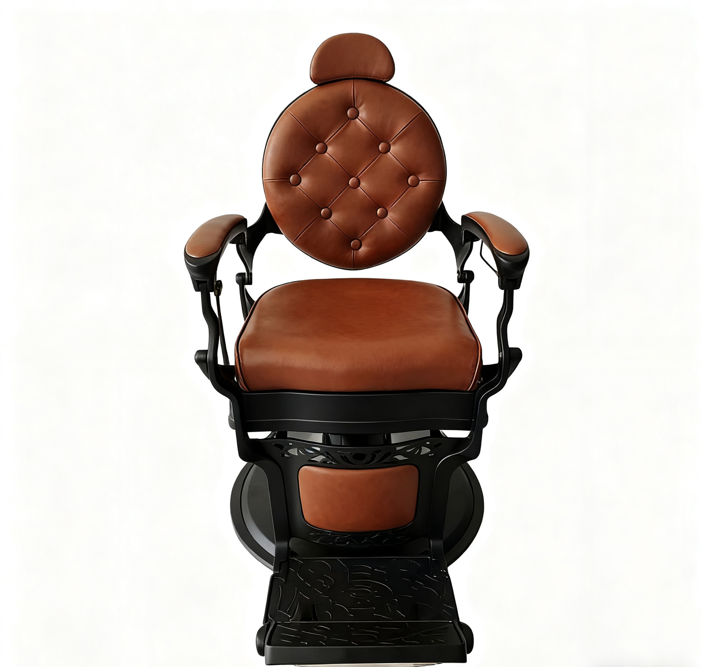 BeautéSync® Deluxe Hydraulic Barber Chair – Black Chrome Frame with Brown PVC Leather, Vintage Button-Tufted Backrest