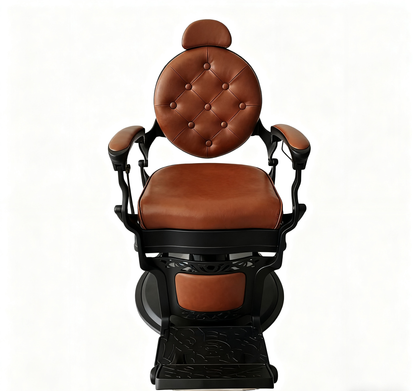 BeautéSync® Deluxe Hydraulic Barber Chair – Black Chrome Frame with Brown PVC Leather, Vintage Button-Tufted Backrest