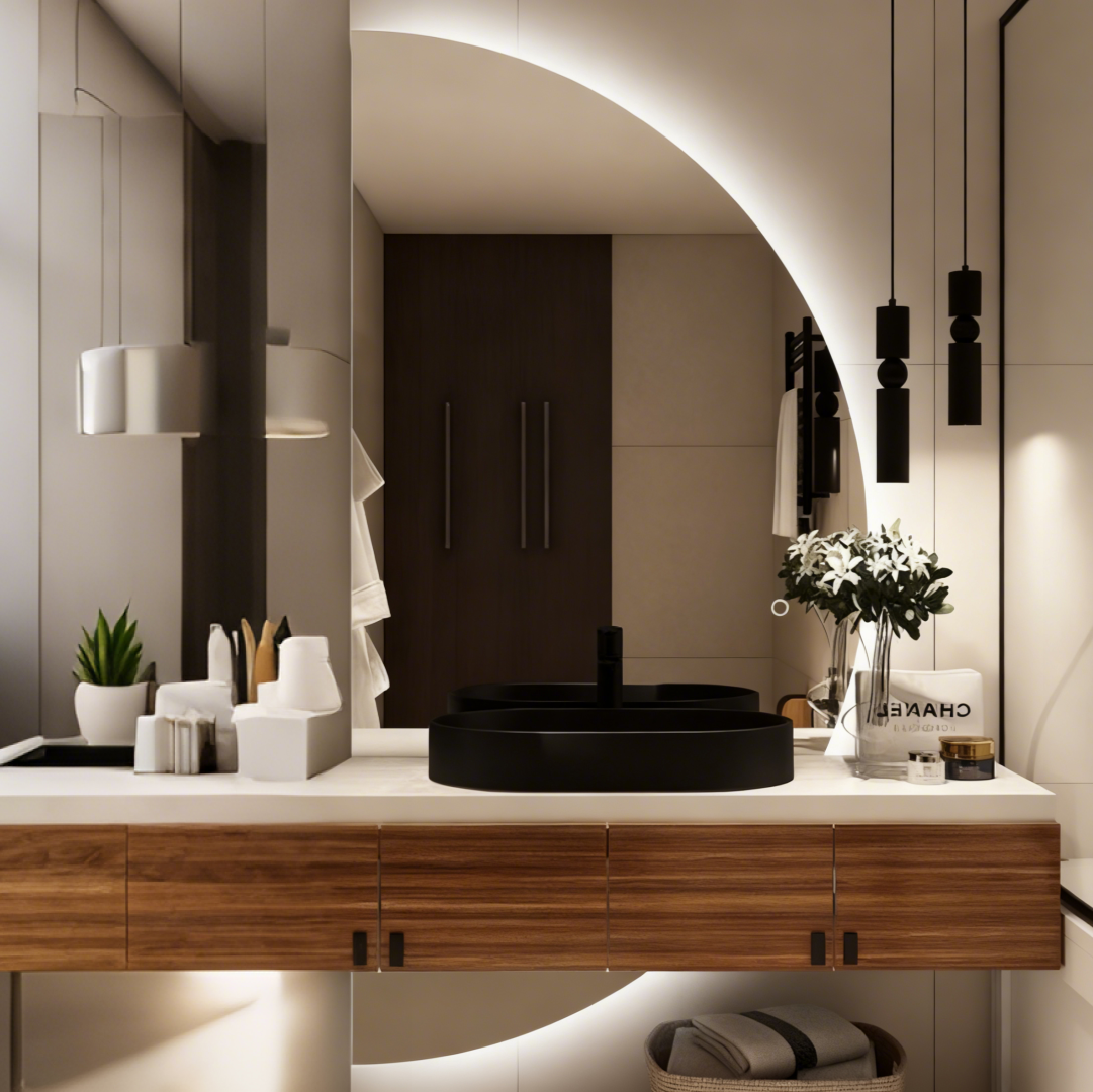 BeautéSync® Half Moon LED Wall Mirror – Multi-Position Mount, 110V