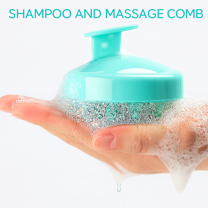 BeautéSync® Scalp Exfoliator & Shampoo Salon Brush in use during shower scalp massage, applying shampoo foam for deep cleansing and hair growth stimulation