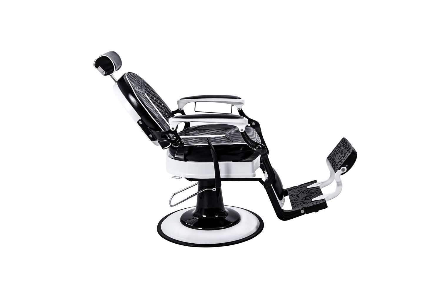 black and white barber chair right reclined