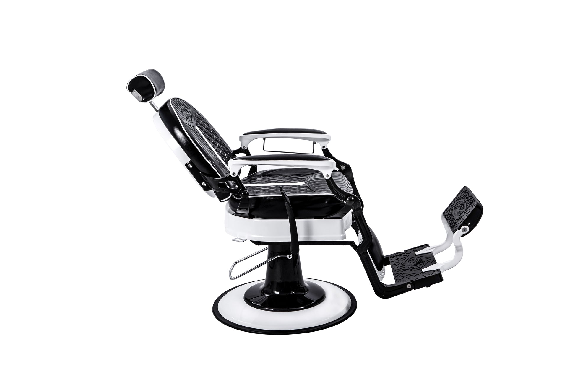 black and white barber chair right reclined