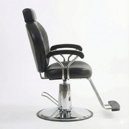 BeautéSync™ Hydraulic Styling Chair – 360° Swivel, Large Pump, Black PVC &amp; Silver Frame (Matching Silver Base)