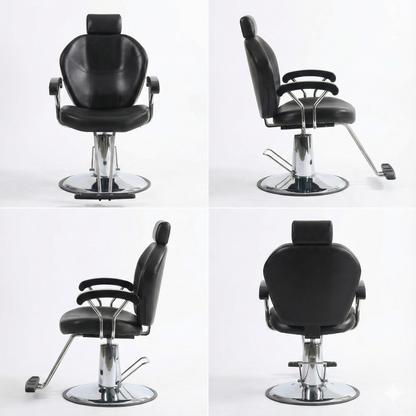 BeautéSync™ Hydraulic Styling Chair – 360° Swivel, Large Pump, Black PVC &amp; Silver Frame (Matching Silver Base)