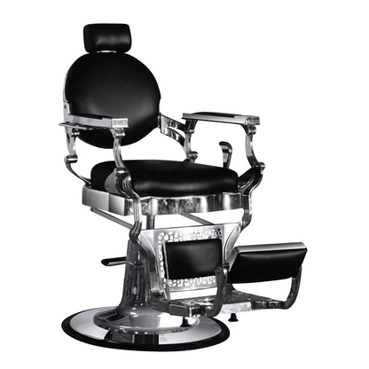 Hydraulic barber chair with reclining backrest and adjustable headrest. Center view.
