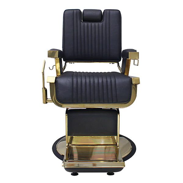 Deluxe barber chair with bold design and plush cushioning. Front view.