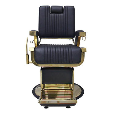 Deluxe barber chair with bold design and plush cushioning. Front view.