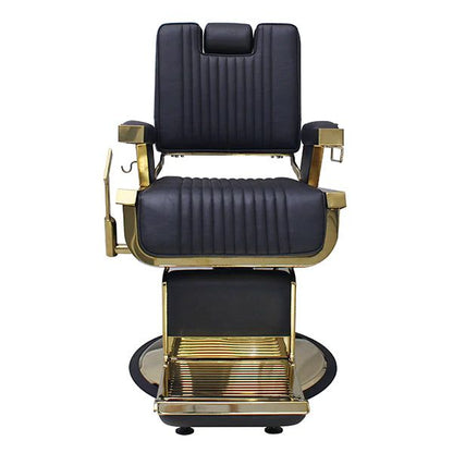 Deluxe barber chair with bold design and plush cushioning. Front view.
