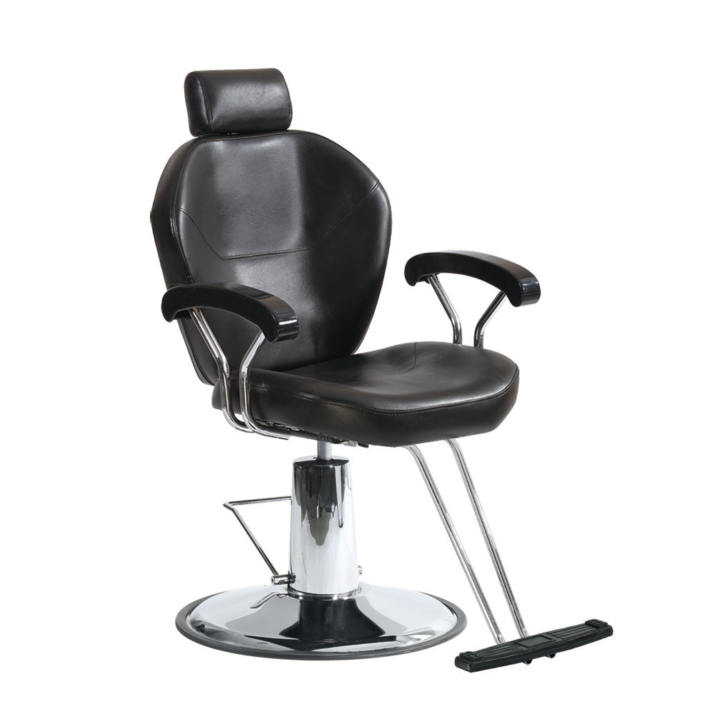 BeautéSync™ Hydraulic Styling Chair – 360° Swivel, Large Pump, Black PVC &amp; Silver Frame (Matching Silver Base)