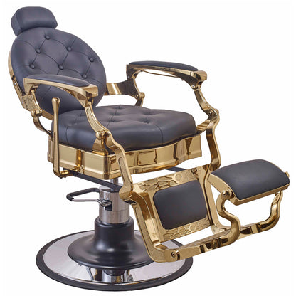 Barber chair with reclining backrest and 360° swivel base. Center view.