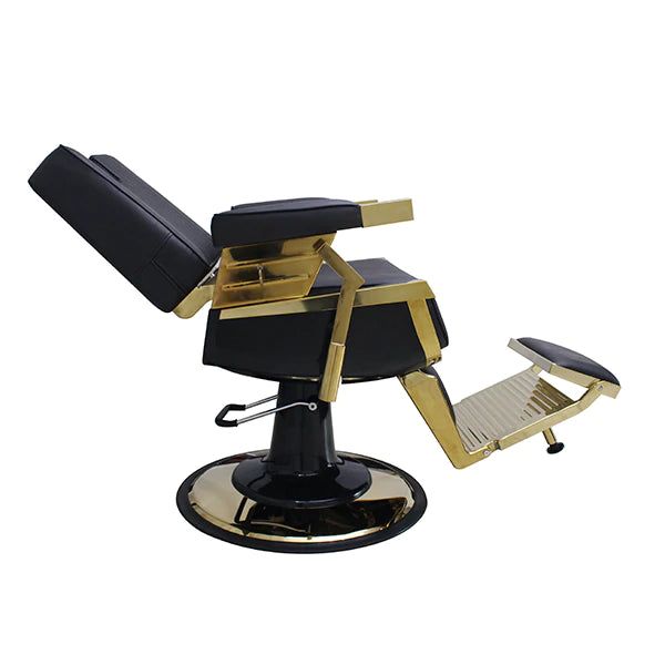 Reclining hydraulic barber chair with adjustable headrest. Side view.