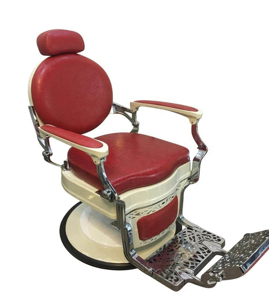 Professional red barber chair with cushioned seat, chrome accents, and hydraulic base