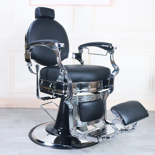 Barber chair with adjustable recline and 360-degree rotation. Center view.