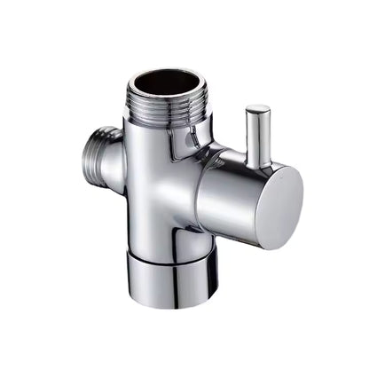 Shower diverter valve with three outlets for shower head, sprayer, or hose. 