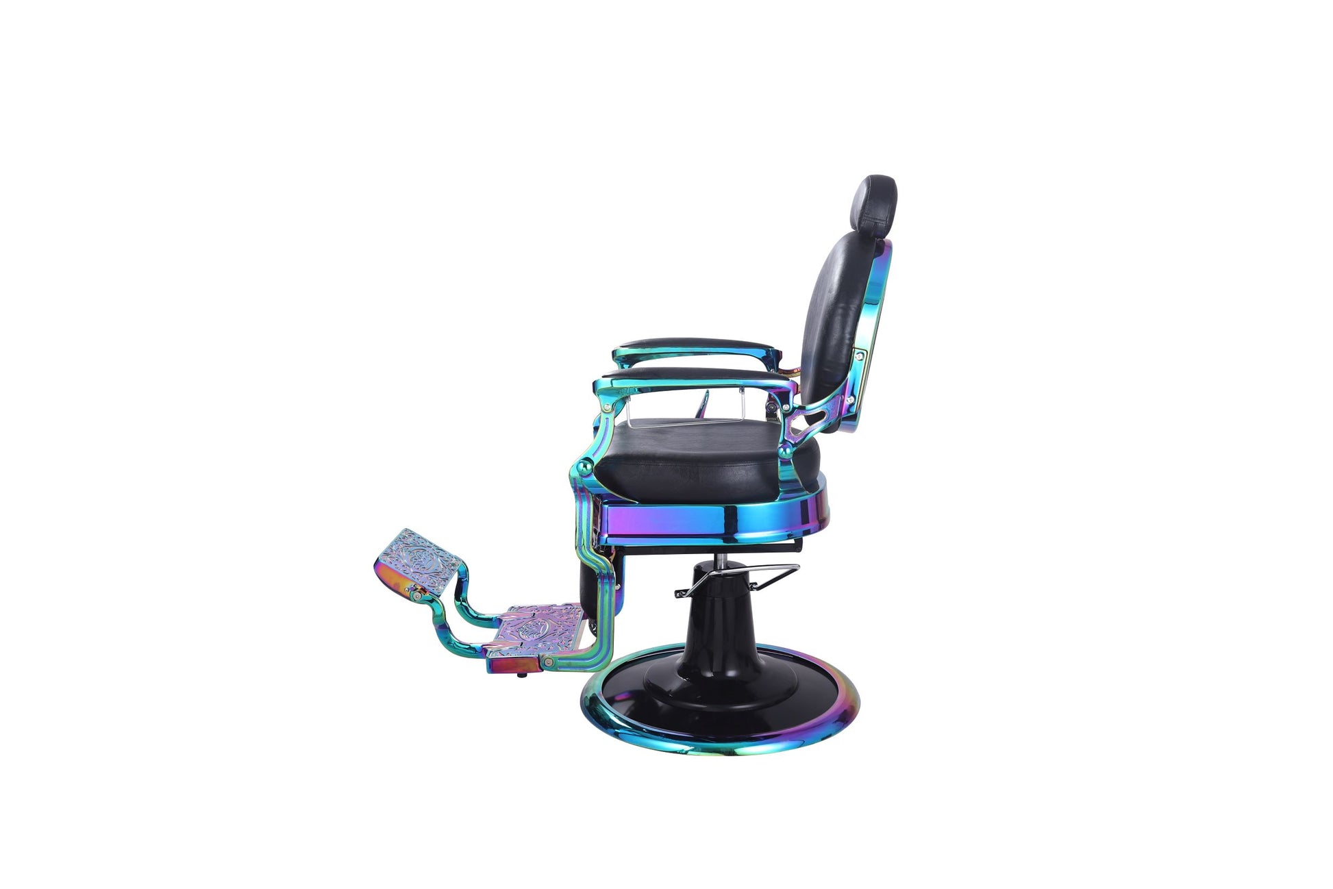 Professional barber chair with 360° swivel and adjustable recline. Side view.