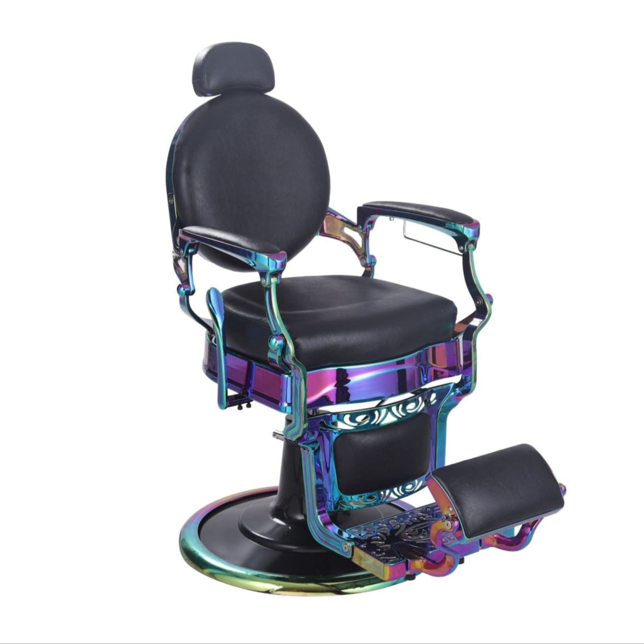 Professional barber chair with 360° swivel and adjustable recline. Center view.