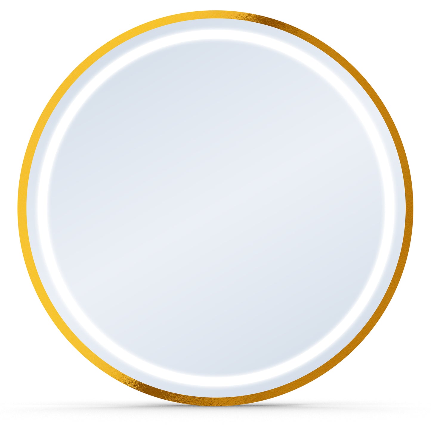 Gold-framed round mirror with built-in light
