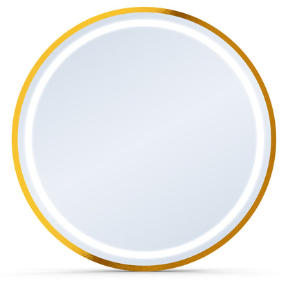 Gold-framed round mirror with built-in light