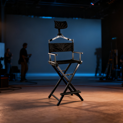 BeautéSync® Professional Makeup Artist Director Chair in professional beauty studio setup, used by makeup artist with client, showing foldable portable design