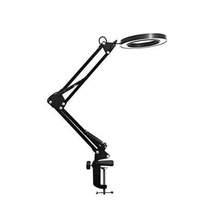 BeautéSync® LED Magnifying Lamp Clamp front view with adjustable arm and 5x magnifier lens
