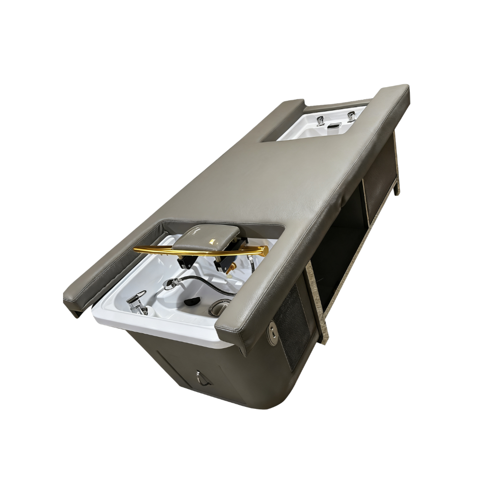 BeautéSync® All-in-One Head Spa Bed top view – multifunctional salon spa bed with electric recline, acrylic wash basin and integrated foot spa