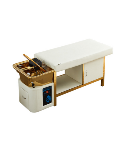 BeautéSync® Gold Ceramic Basin Head Spa Shampoo Bed front view – luxury salon shampoo and head spa bed with gold ceramic wash basin