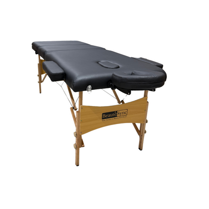 BeautéSync® Portable Wooden Massage Table – 73"x28", Black PVC Leather, with Armrests, Headrest, Sling, Pillow & Carry Bag