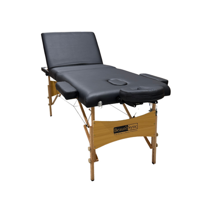 BeautéSync® Portable Wooden Massage Table – 73"x28", Black PVC Leather, with Armrests, Headrest, Sling, Pillow & Carry Bag