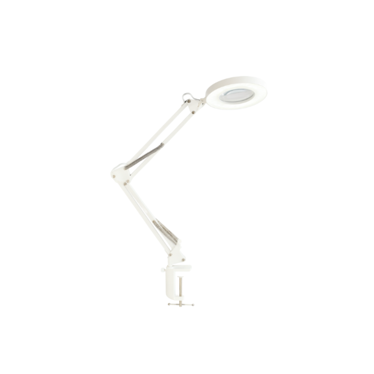 BeautéSync® LED Magnifying Lamp Clamp front view with adjustable arm and 5x magnifier lens——White
