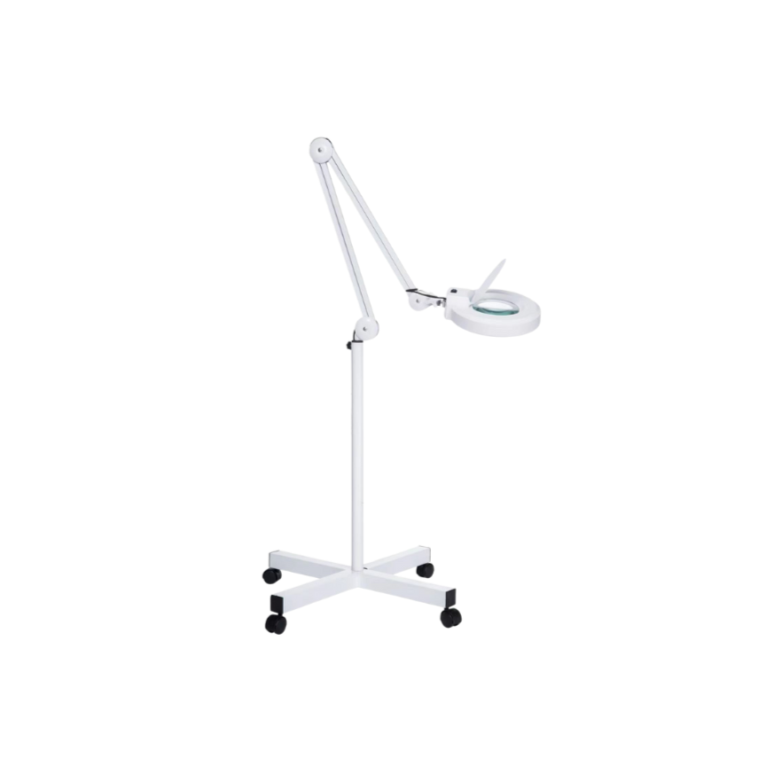 BeautéSync® LED Magnifying Lamp Rolling Base Stand front view with 5x magnifier and dual lighting options