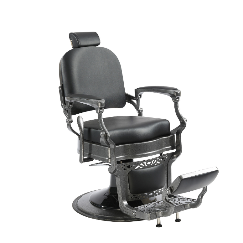 BeautéSync® Deluxe Hydraulic Barber Chair – XL Pump, 360° Swivel, Reclining Back (Gray Frame, Black PVC)