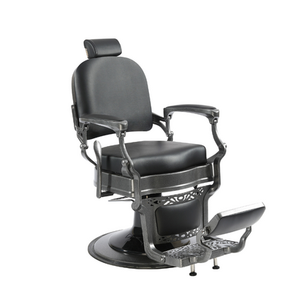 BeautéSync® Deluxe Hydraulic Barber Chair – XL Pump, 360° Swivel, Reclining Back (Gray Frame, Black PVC)