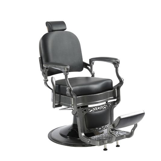 BeautéSync® Deluxe Hydraulic Barber Chair – XL Pump, 360° Swivel, Reclining Back (Gray Frame, Black PVC)