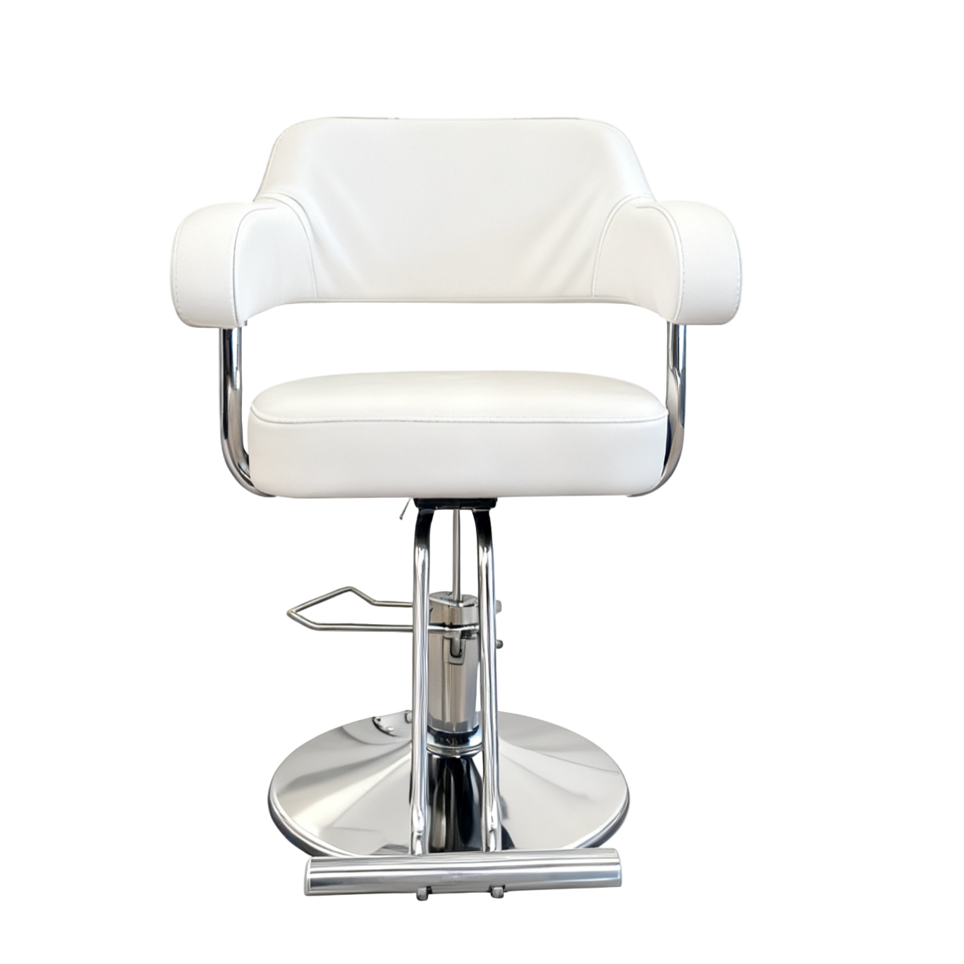 BeautéSync® Professional Salon Styling Chair front view – modern hydraulic barber chair with padded seat and footrest